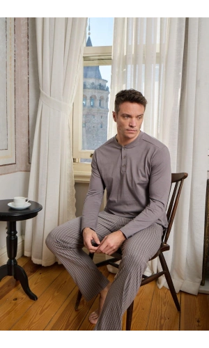 Pijamoni Erkek Penye Kumaş Düğmeli Yaka Vizyon Renk Pijama Takımı