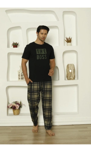 Pijamoni Süprem Kumaş Altı Ekose Desenli Kısa Kollu Erkek Pijama Takımı-6610