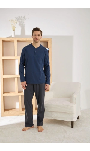 Pijamoni Erkek Regular Fit Düğmeli Yaka Lacivert Pijama Takımı