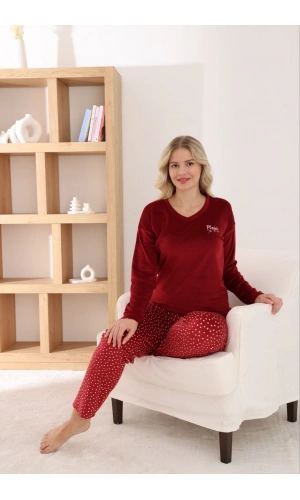 Pijamoni Kadın Fransız Kumaş V Yaka Puantiyeli Bordo Pijama Takımı