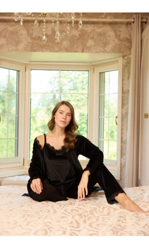 Pijamoni Kadın Fransız Kadife 3lü Şık Askılı Siyah Pijama Takımı - 5545