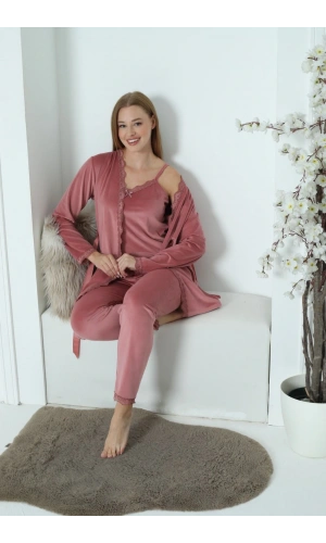 Pijamoni Kadın Fransız Kadife 3lü Şık Askılı Gül Kurusu Pijama Takımı - 5545
