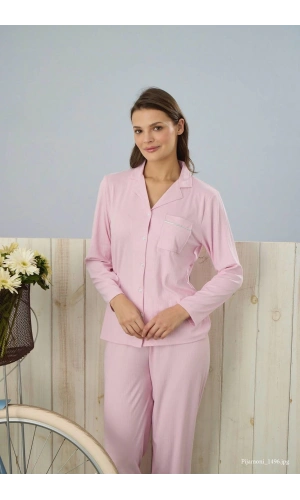 Pijamoni Dublin Kumaş Gömlek Yaka Uzun Kol Pembe Pijama Takımı - 5330