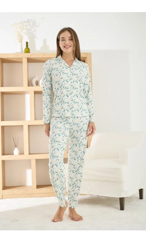 PİJAMONİ Kadın Berlin Kumaş Önden Düğmeli Beyaz Pijama Takımı
