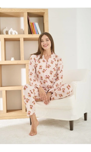 Pijamoni Kadın Berlin Kumaş Önden Düğmeli Ayıcıklı Pembe Pijama Takımı - 8851