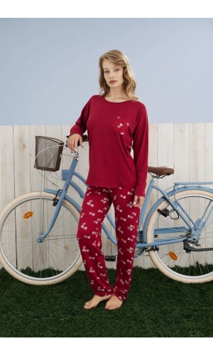 Pijamoni Kadın Milan Kumaş Bisiklet Yaka Pijama Takımı - Bordo