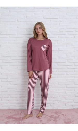 Pijamoni Kadın Milan Kumaş Bisiklet Yaka Pijama Takımı - Gül Kurusu