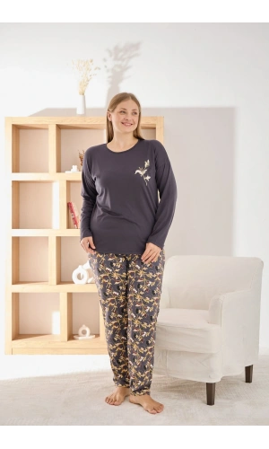 Pijamoni Kadın Büyük Beden Şık Sofia Kumaş Pijama Takımı - Antrasit