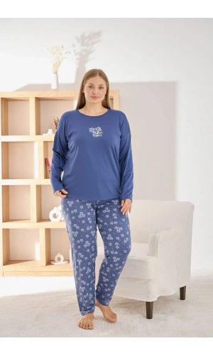 Pijamoni Kadın Büyük Beden Şık Sofia Kumaş Pijama Takımı - Lacivert