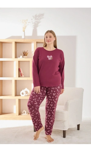 Pijamoni Kadın Büyük Beden Şık Sofia Kumaş Pijama Takımı - Mürdüm