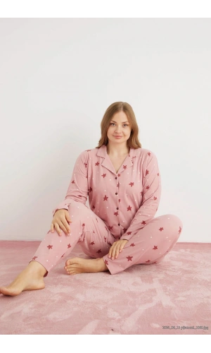 Pijamoni Kadın Büyük Beden Süet Kumaş Önü Düğmeli Şık Pijama Takımı - Gül Kurusu