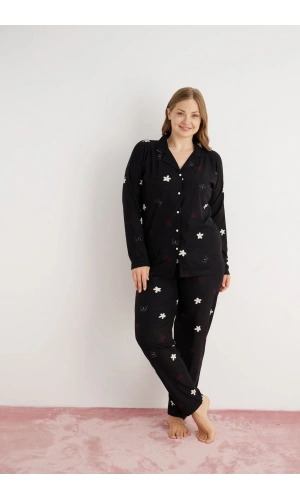 Pijamoni Kadın Büyük Beden Süet Kumaş Önü Düğmeli Şık Pijama Takımı - Siyah
