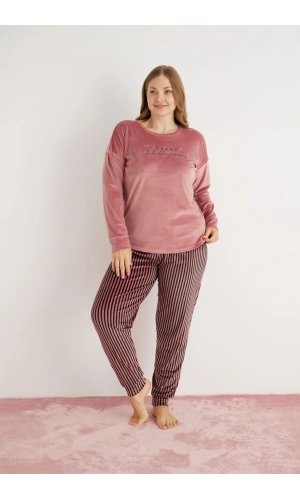 Pijamoni Kadın Büyük Beden Yumuşak Kadife Gül Kurusu Pijama Takımı