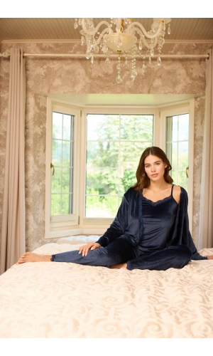 Pijamoni Kadın Fransız Kadife 3lü Şık Askılı Lacivert Pijama Takımı - 5545