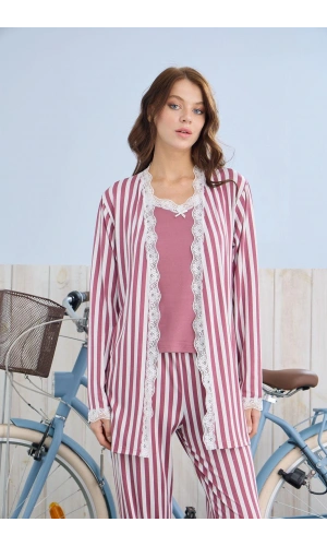 Pijamoni Kadın İpekli Kumaş Sabahlıklı 3’lü Şık Pijama Takımı - Gül Kurusu