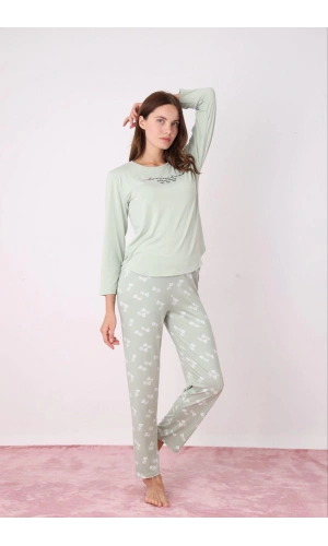 Pijamoni Kadın Milan Kumaş Bisiklet Yaka Su Yeşili Pijama Takımı - 7600