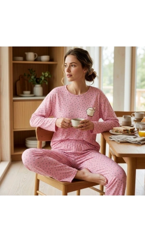 Pijamoni Kadın Milan Kumaş Bisiklet Yaka Uzun Kollu Pijama Takımı