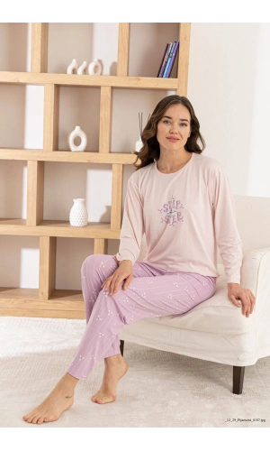 Pijamoni Kadın Milan Kumaş Bisiklet Yaka Uzun Kollu Pijama Takımı