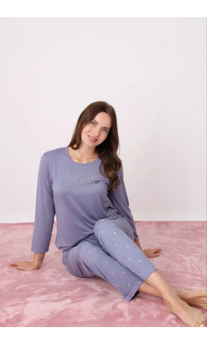 Pijamoni Kadın Milan Kumaş Bisiklet Yaka Koyu Lila Pijama Takımı