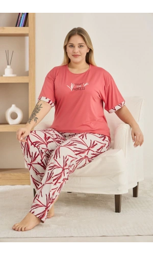 Pijamoni Büyük Beden Milan Kumaş Sıfır Yaka Kısa Kollu Pijama Takımı