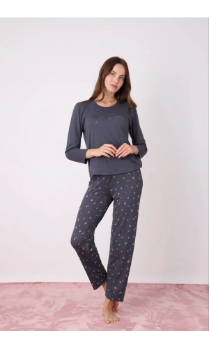 Pijamoni Kadın Milan Kumaş Bisiklet Yaka Antrasit Pijama Takımı - 7600