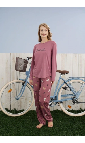 Pijamoni Kadın Milan Kumaş Bisiklet Yaka Gül Kurusu Pijama Takımı