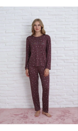 Pijamoni Kadın Milan Kumaş Bisiklet Yaka Mürdüm Pijama Takımı - 7600