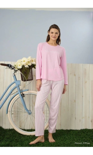 Pijamoni Kadın Milan Kumaş Bisiklet Yaka Pembe Pijama Takımı - 7600