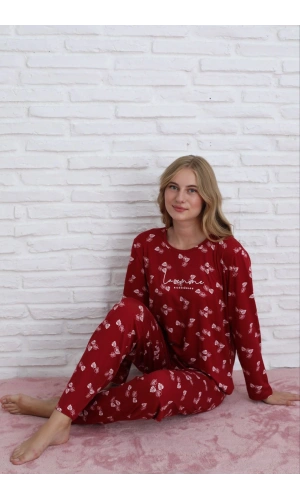 Pijamoni Kadın Milan Kumaş Bisiklet Yaka Yaprak Desenli Bordo Pijama Takımı - 7600