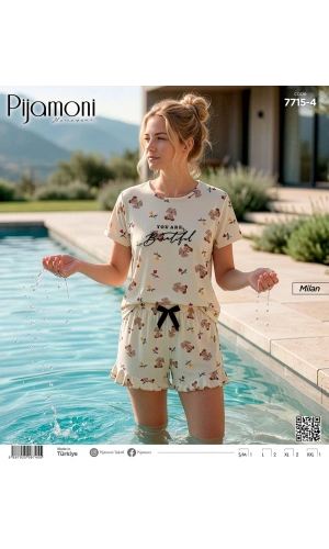 Pijamoni Kadın Milan Kumaş Kısa Kollu Şortlu Pijama Takımı