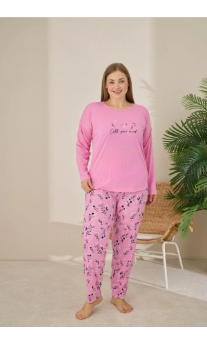 Pijamoni Büyük Beden Viskon Kumaş Uzun Kollu Şeker Pembesi Pijama Takımı -7330