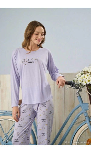Pijamoni Polyviskon Uzun Kollu Lila Pijama Takımı - 7300