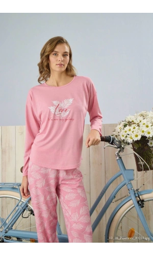 Pijamoni Polyviskon Uzun Kollu Pembe Pijama Takımı - 7300
