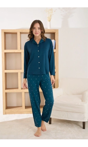 Pijamoni Kadın Premium Milan Kumaş Gömlek Yaka Petrol Yeşili Pijama Takımı