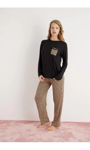 Pijamoni Kadın Ring Viskon Kumaş Leopar Desenli Siyah Pijama Takımı - 9580
