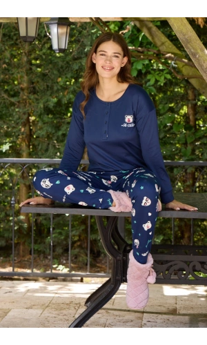 Pijamoni Düğmeli Yaka Uzun Kol Lacivert Pijama Takımı - 8700