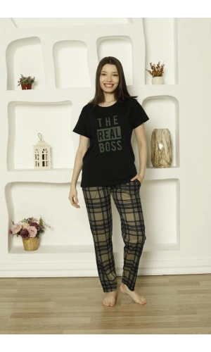 Pijamoni Süprem Kumaş Altı Ekose Desenli Kısa Kollu Kadın Pijama Takımı-6610