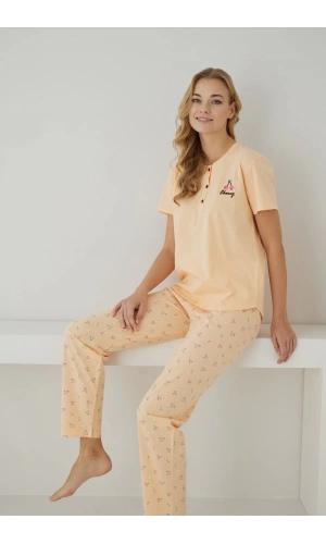 Pijamoni Süprem Kumaş Düğmeli Yaka Kısa Kollu Turuncu Pijama Takımı - 2552