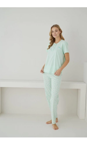 Pijamoni Süprem Kumaş Düğmeli Yaka Kısa Kollu Fıstık Yeşili Pijama Takımı - 2552