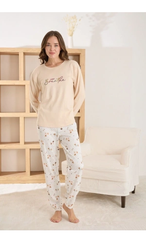Pijamoni Kadın Termal Kumaş Bisiklet Yaka Ekru Pijama Takımı