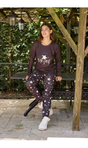 Pijamoni İçi Şardonlu (Tüylü) Bisiklet Yaka Siyah Pijama Takımı - 7900