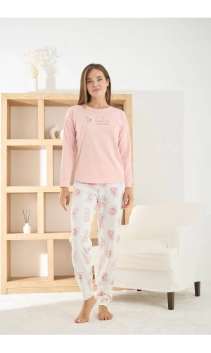 Pijamoni Kadın Termosoft Kumaş Bisiklet Yaka Pembe Pijama Takımı - 7900