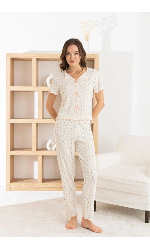 Pijamoni Kadın Kısa Kol Ribana Kumaş Pijama Takımı