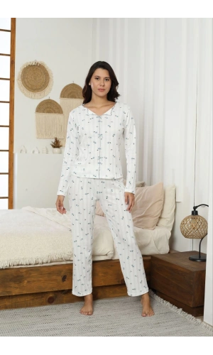 Pijamoni Kadın Ribana Kumaş Beyaz Desenli Pijama Takımı - 9600