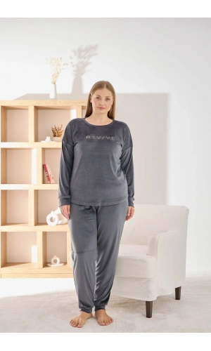 Pijamoni Kadın Yumuşak Kadife Bisiklet Yaka Antrasit Pijama Takımı