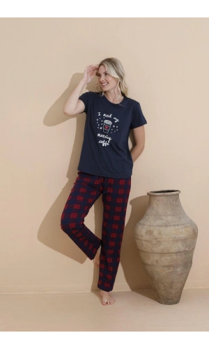 PİJAMONİ Kısa Kollu Süprem Kumaş Cepli D. Siyah Pijama Takımı - 2850