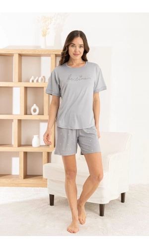 Pijamoni Kadın Milan Kumaş Şortlu Gri Pijama Takımı