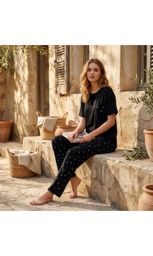 Pijamoni Milan Kumaş Bisiklet Yaka Kısa Kollu Kadın Uzun Pijama Takımı