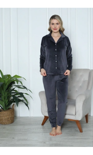 Pijamoni Kadın Yumuşak Kadife Önden Düğmeli Gömlek Yaka Füme Pijama Takımı