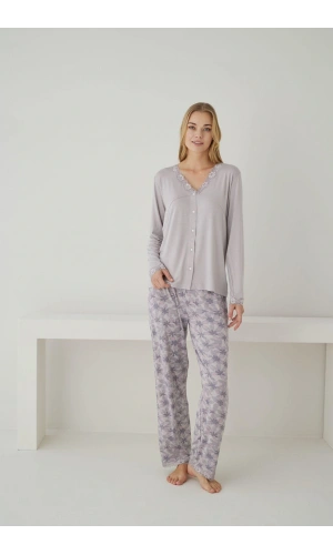 Pijamoni Kadın Ring Viskon Kumaş Dantelli Yaka Detaylı Lila Pijama Takımı